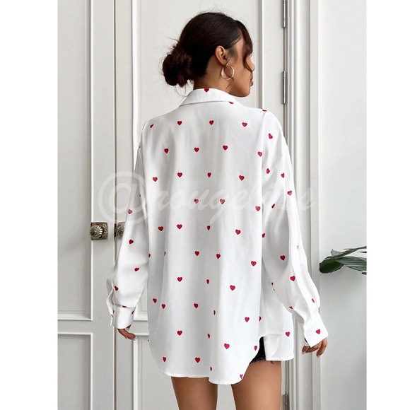 White Casual Shirt Red Hearts Printed Button Down Up Long Sleeve - Picture 3 of 7